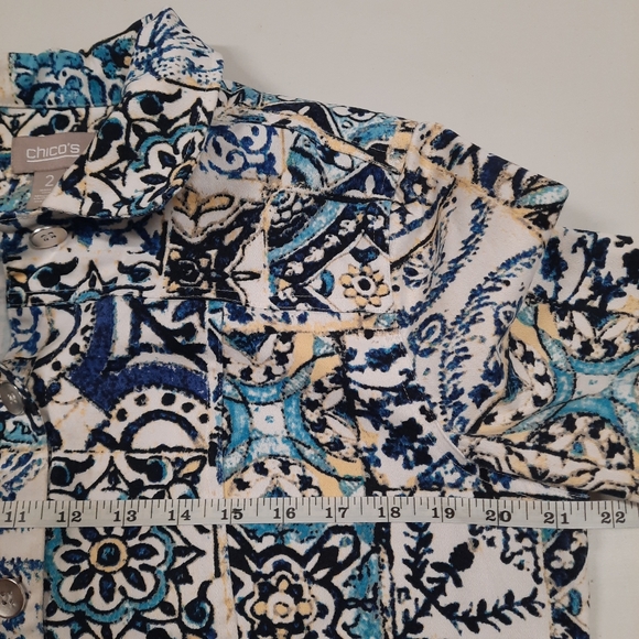Chico's Size 2 Button Up Blazer Jacket Blue White Medallion 3/4 Sleeve Sz L Arts - Picture 9 of 14